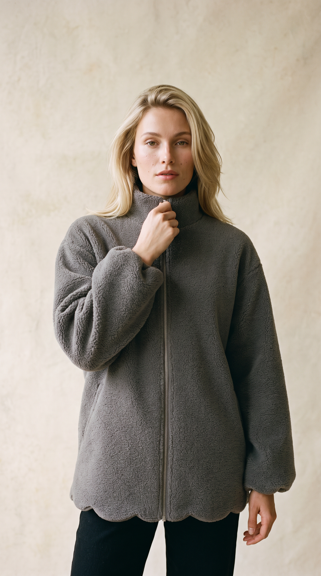 Eve plush scalloped edge teddy coat in stone – feminine teddy coat by PRIV the Brand