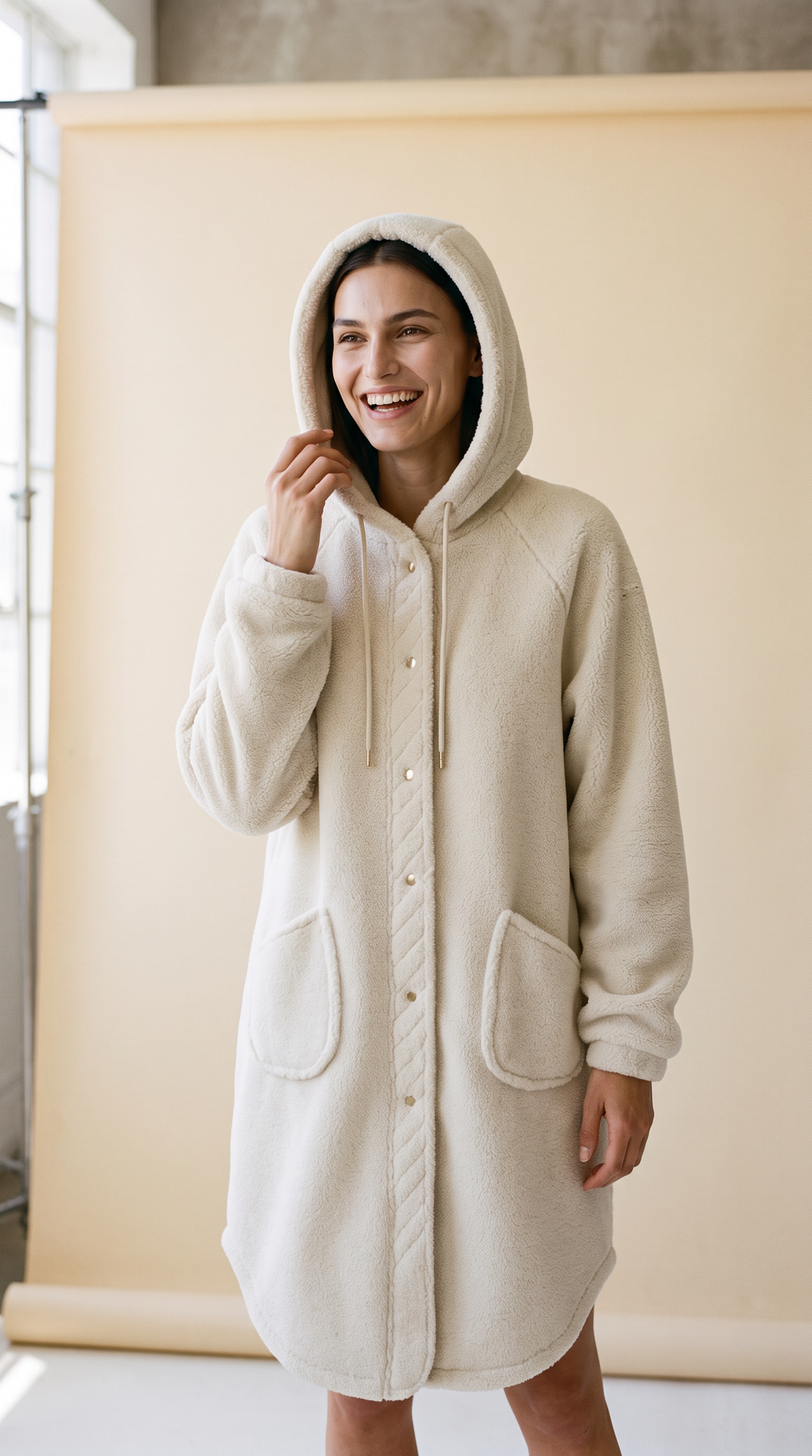 Tula snap front hooded teddy coat in cream – cozy teddy coat by PRIV the Brand