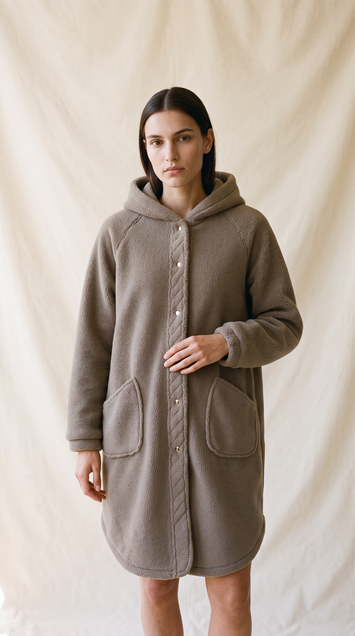 Tula snap front hooded teddy coat in stone – cozy teddy coat by PRIV the Brand