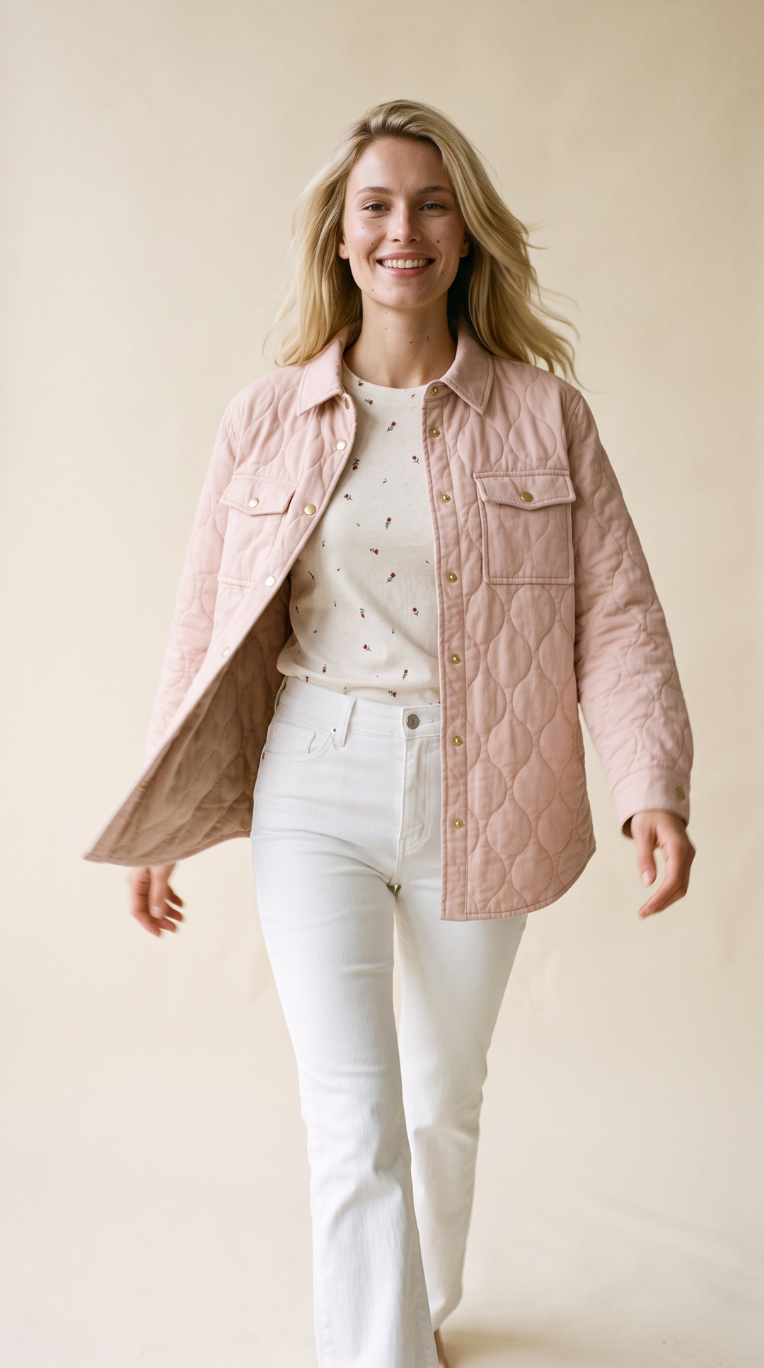 Leni quilted jacket blush – styled look – PRIV the Brand