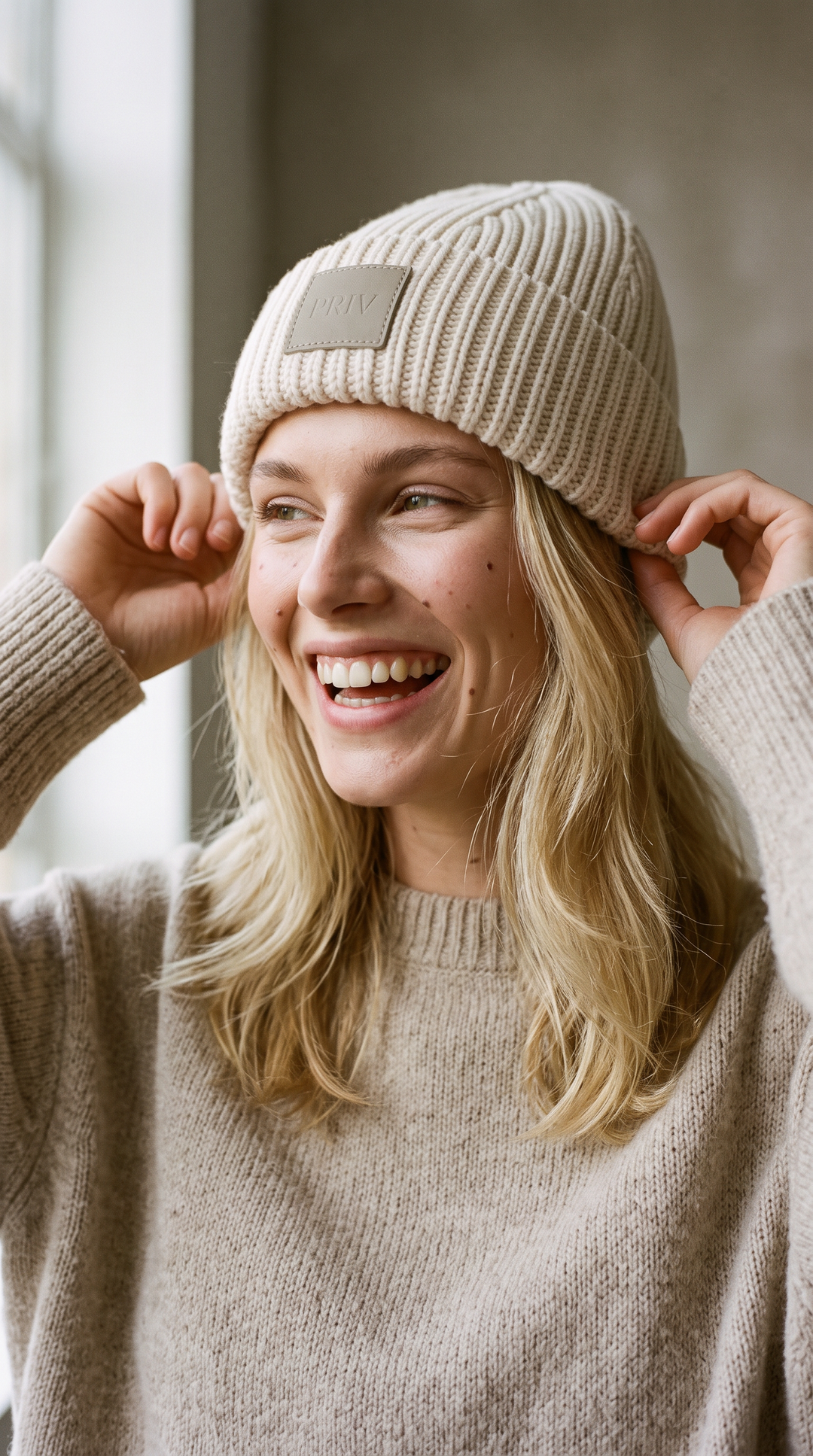 PRIV Moniker Toque – Embroidered Knit Beanie Cream