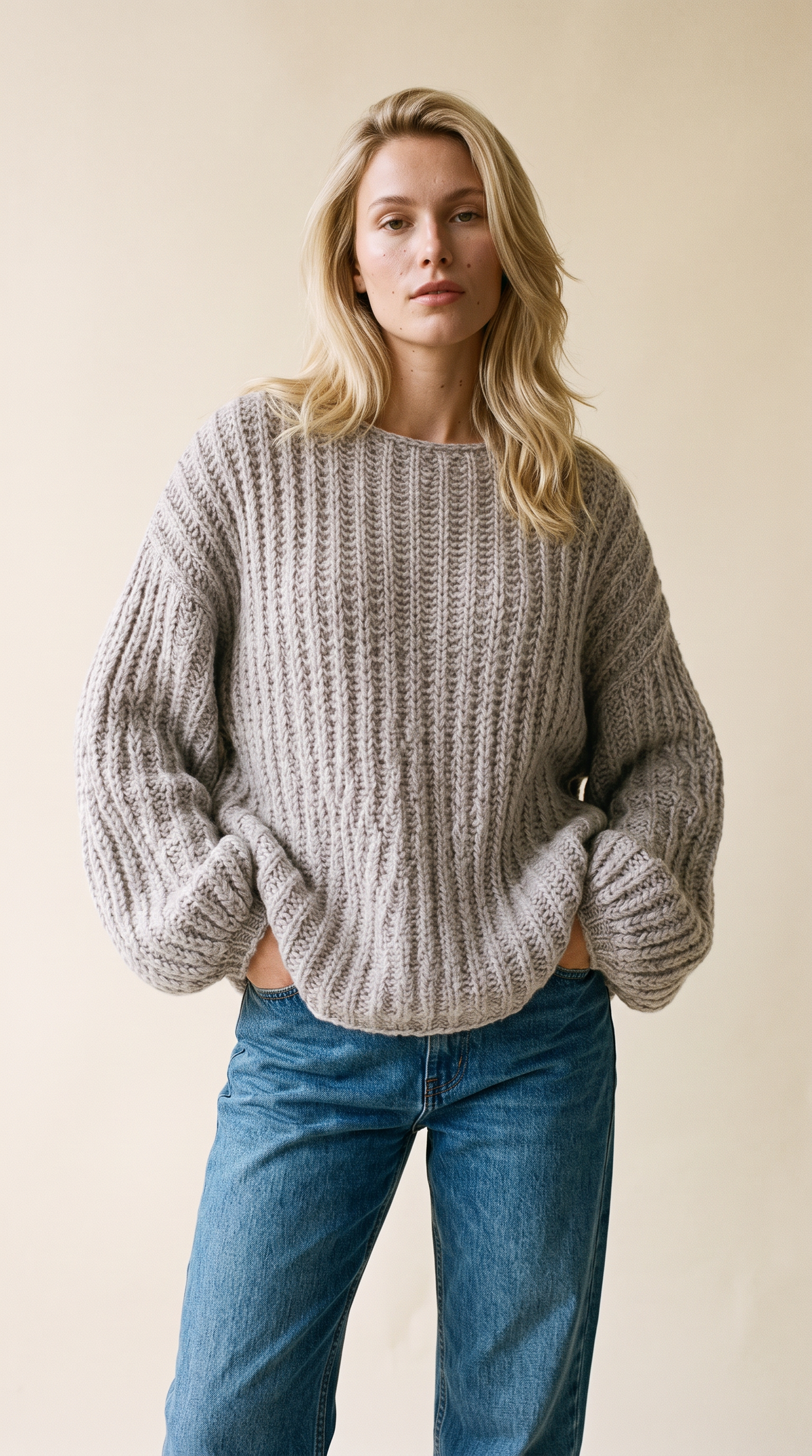 Evianna textured knit sweater in stone – chunky cozy knit by PRIV the Brand
