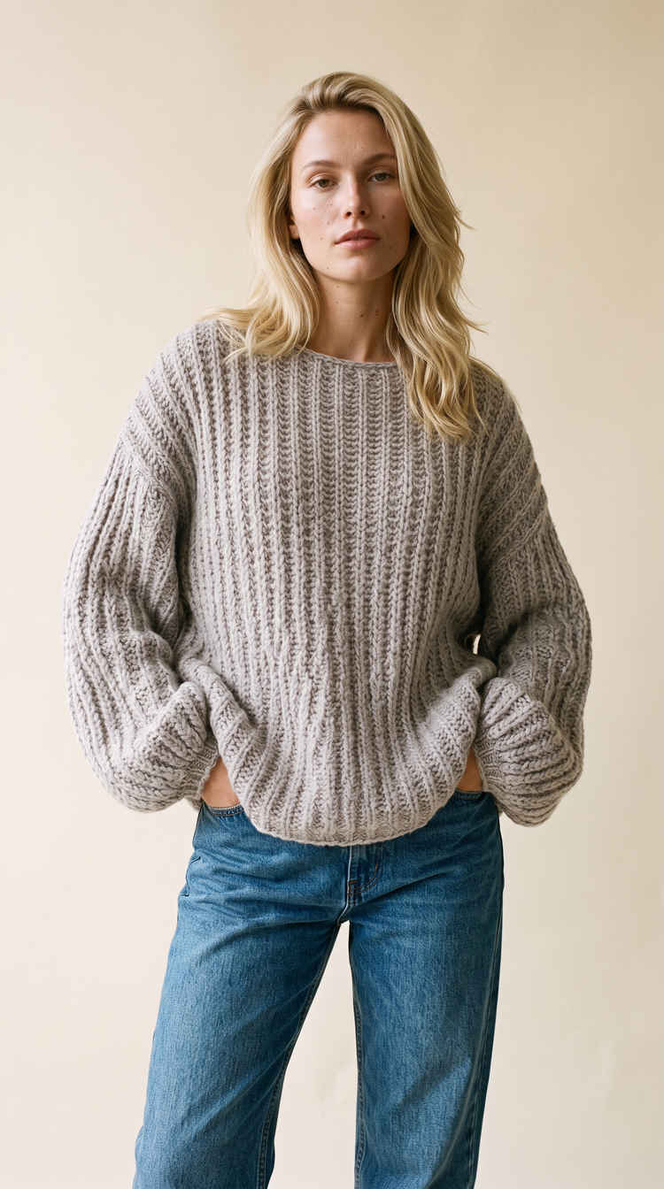Evianna textured knit sweater in stone – chunky cozy knit by PRIV the Brand