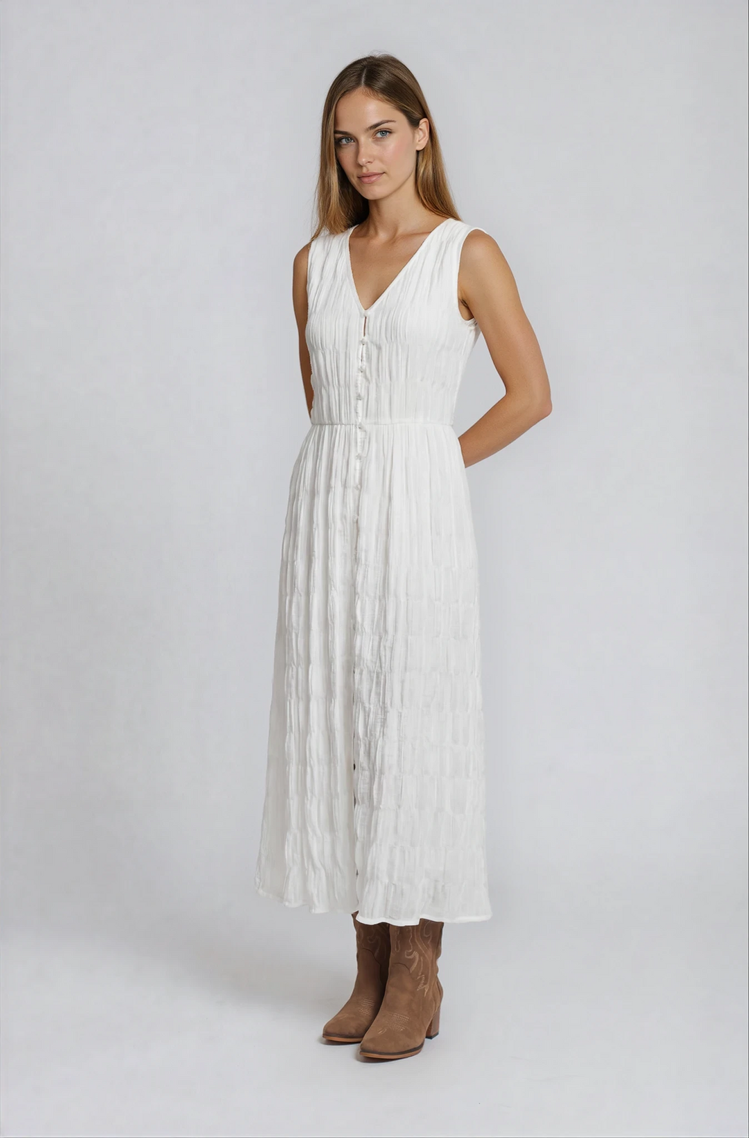 Pascale – Silky Button Front Ruched Midi Dress In White