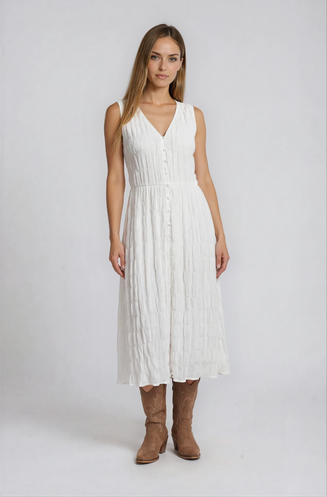 Pascale – Silky Button Front Ruched Midi Dress In White