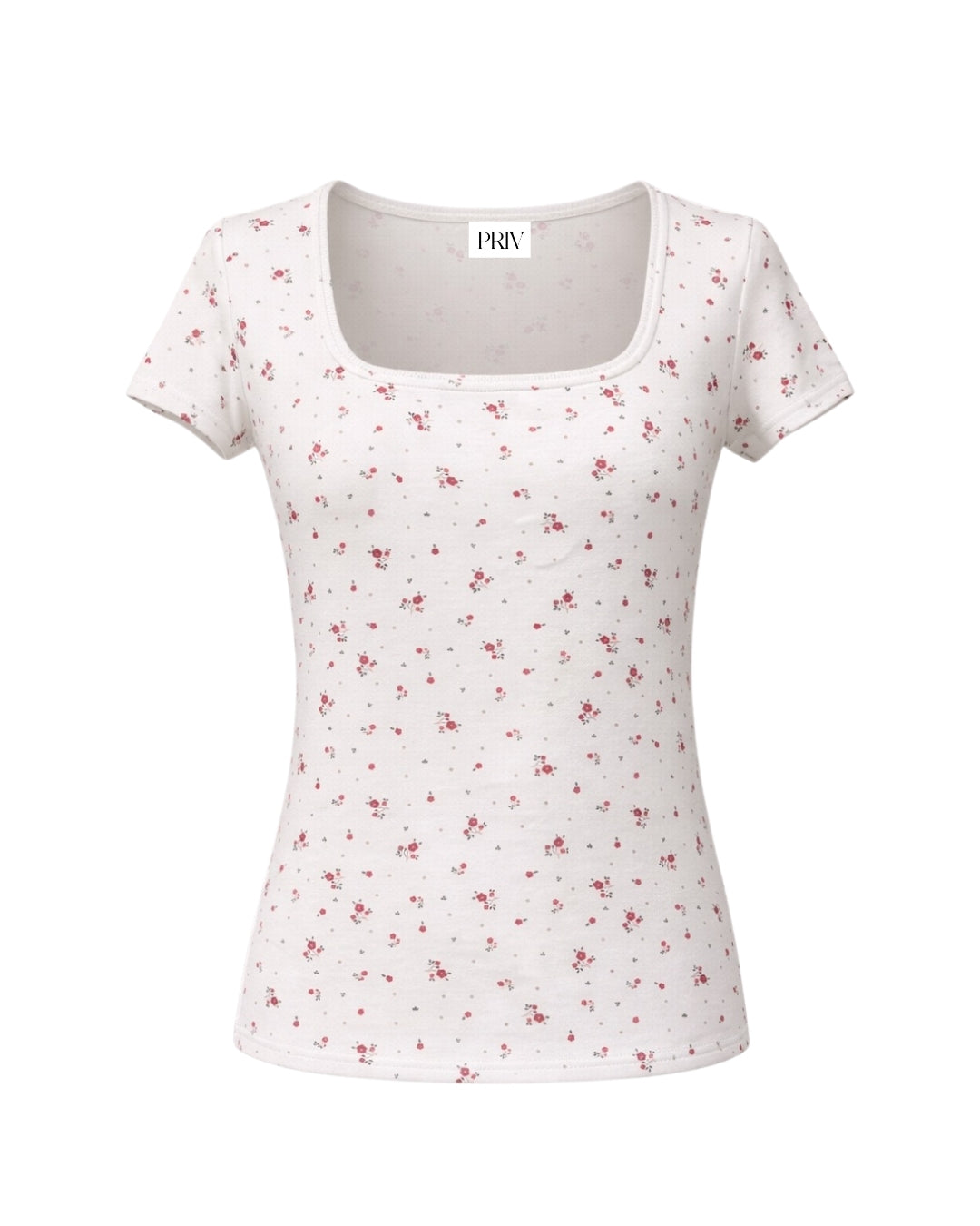 Square neck floral t shirt in red print