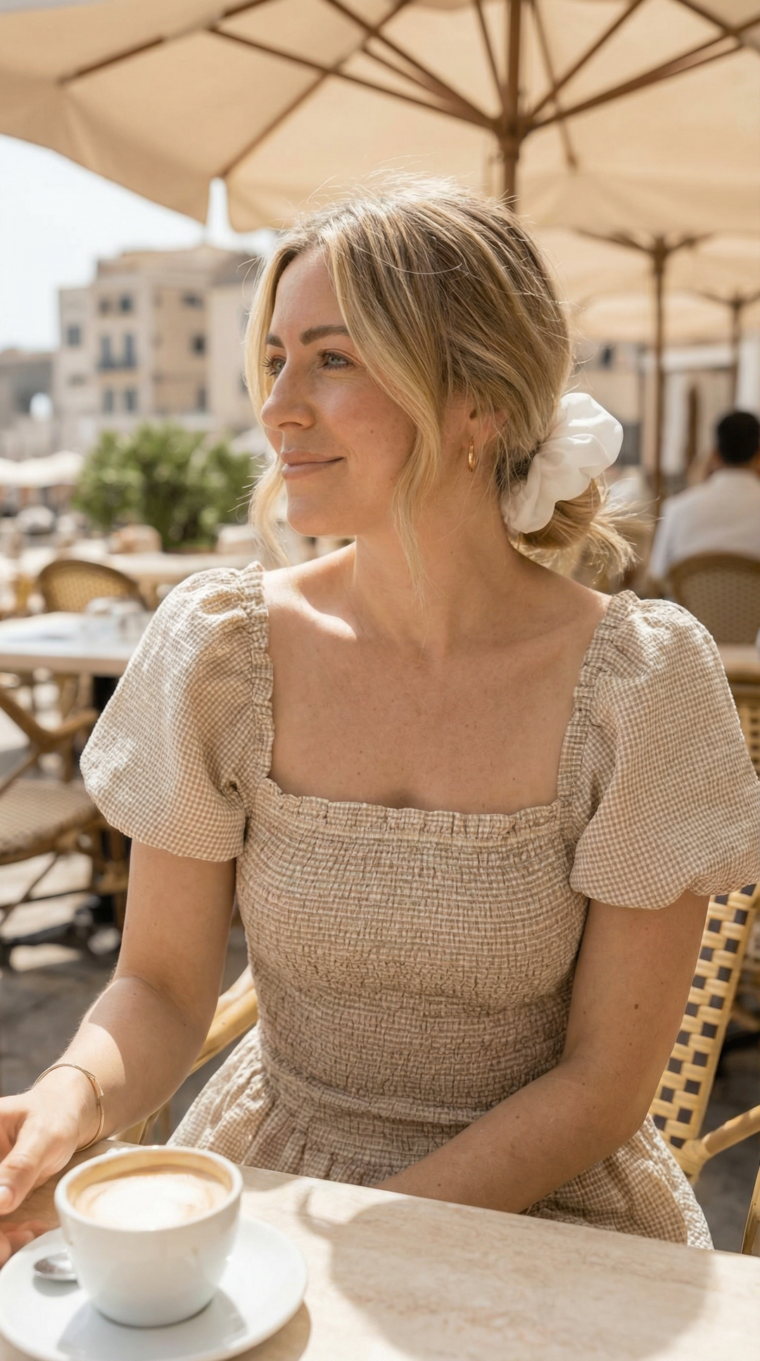 Ramona - Smocked Puff Sleeve Square Neck Dress Tan Gingham