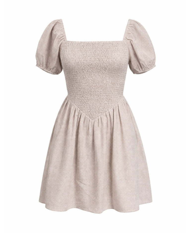 Smocked puff sleeve dress with square neckline