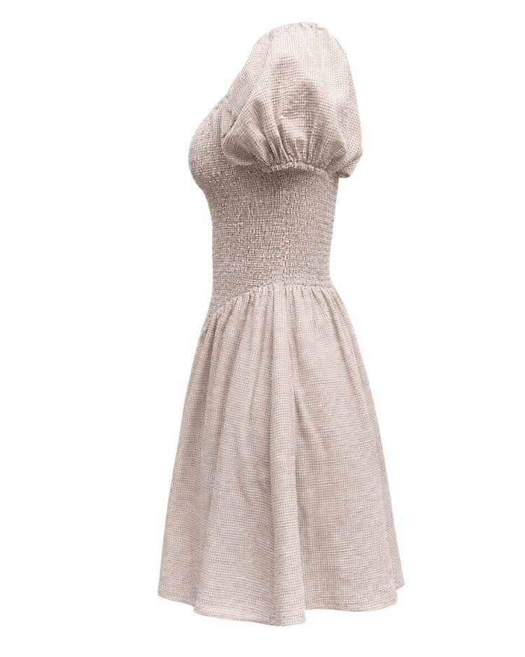 Neutral check puff sleeve mini dress side profile