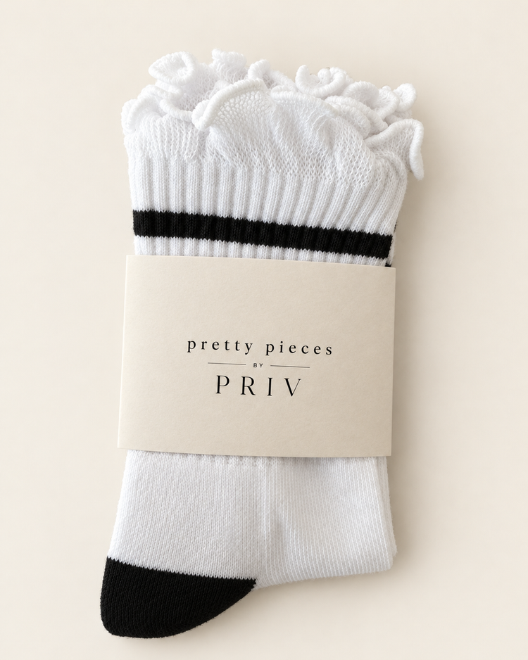 Stripe ruffle top PRIV sock in black in pretty pieces by PRIV gift packaging