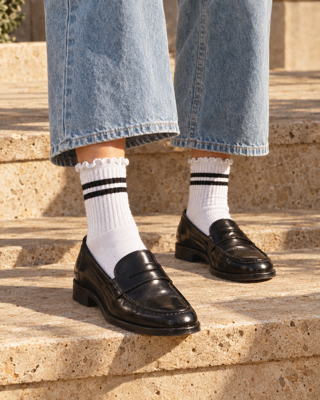 PRIV stripe ruffle socks in black styled with wide-leg jeans and black loafers