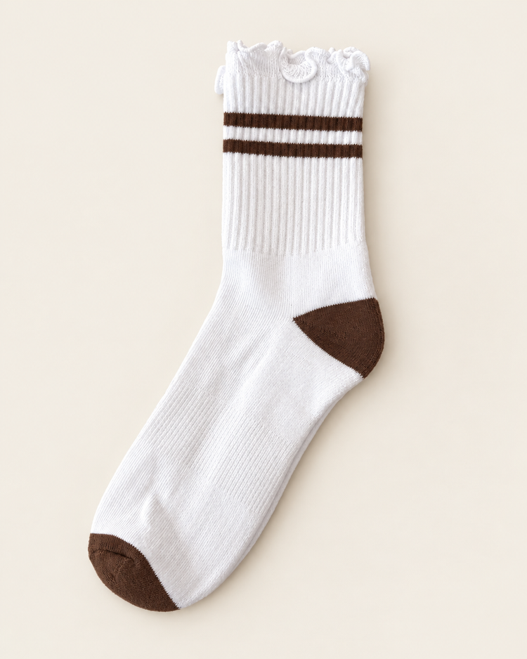 Stripe ruffle top PRIV sock in espresso – white ribbed crew sock with espresso brown stripes, flat lay