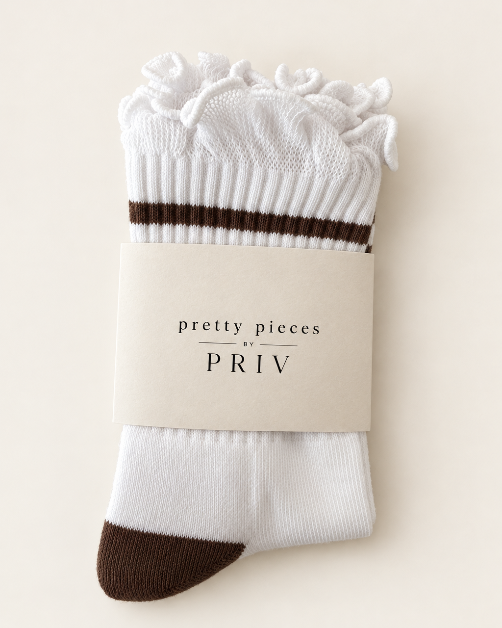 Stripe ruffle top PRIV sock in espresso in pretty pieces by PRIV gift packaging