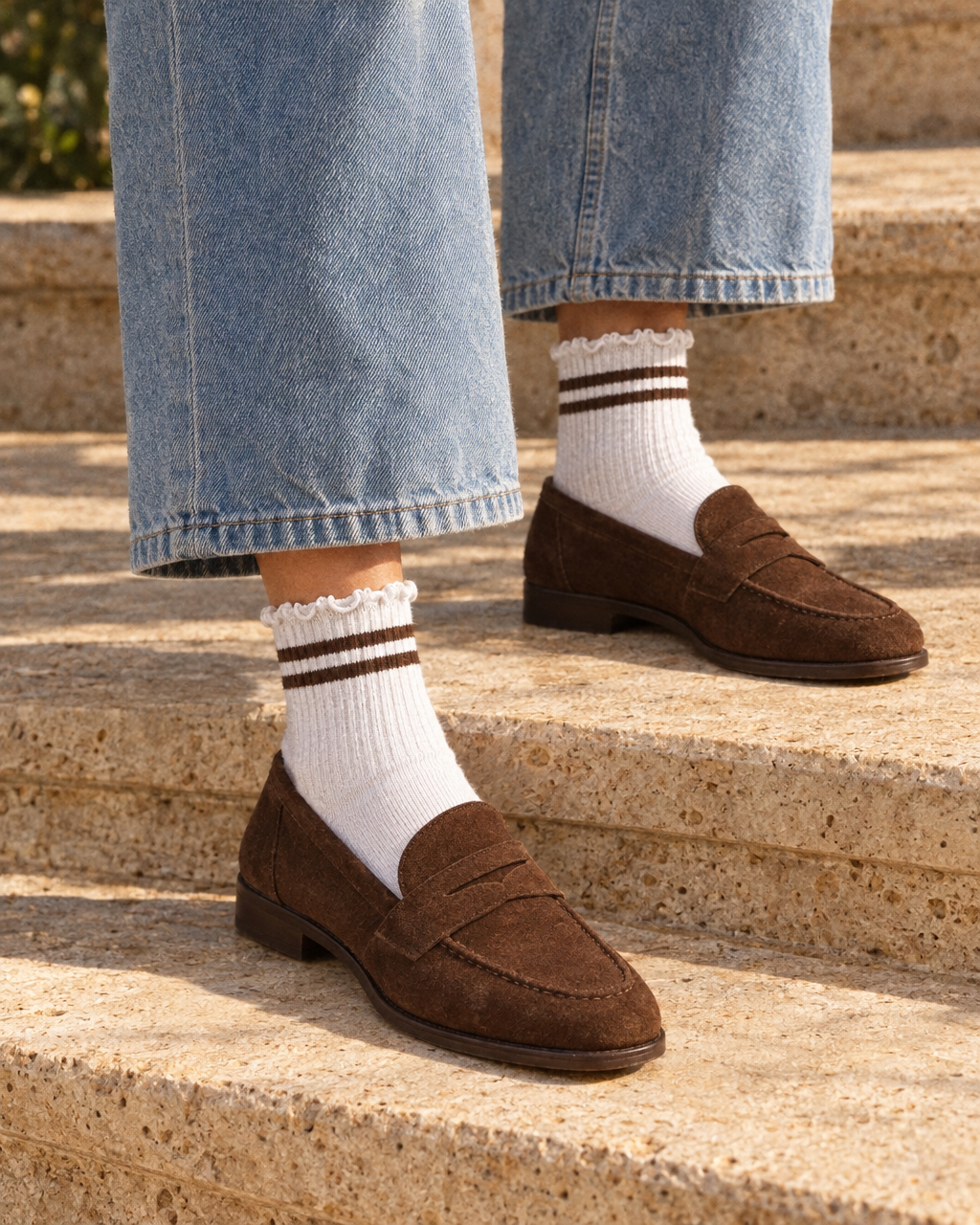 PRIV stripe ruffle socks in espresso styled with wide-leg jeans and brown suede loafers