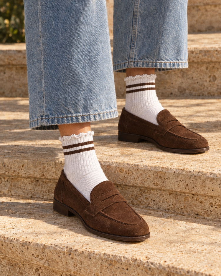 PRIV stripe ruffle socks in espresso styled with wide-leg jeans and brown suede loafers