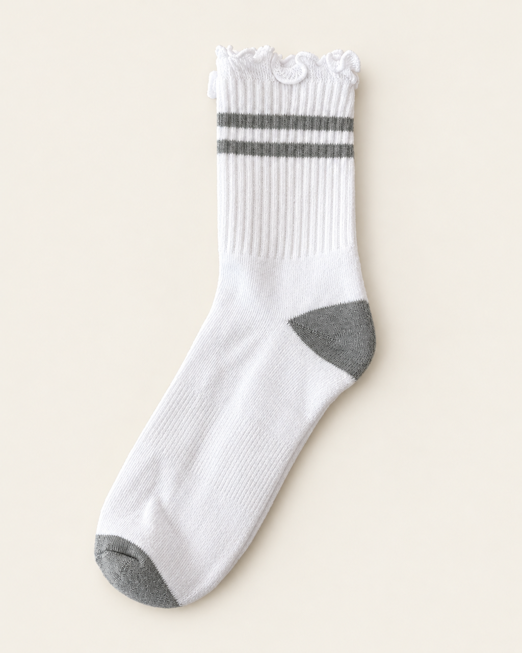 Stripe ruffle top PRIV sock in grey – white ribbed crew sock with grey stripes, flat lay