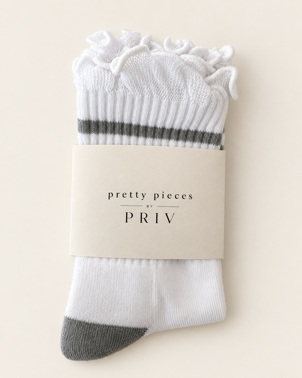 Stripe ruffle top PRIV sock in grey in pretty pieces by PRIV gift packaging