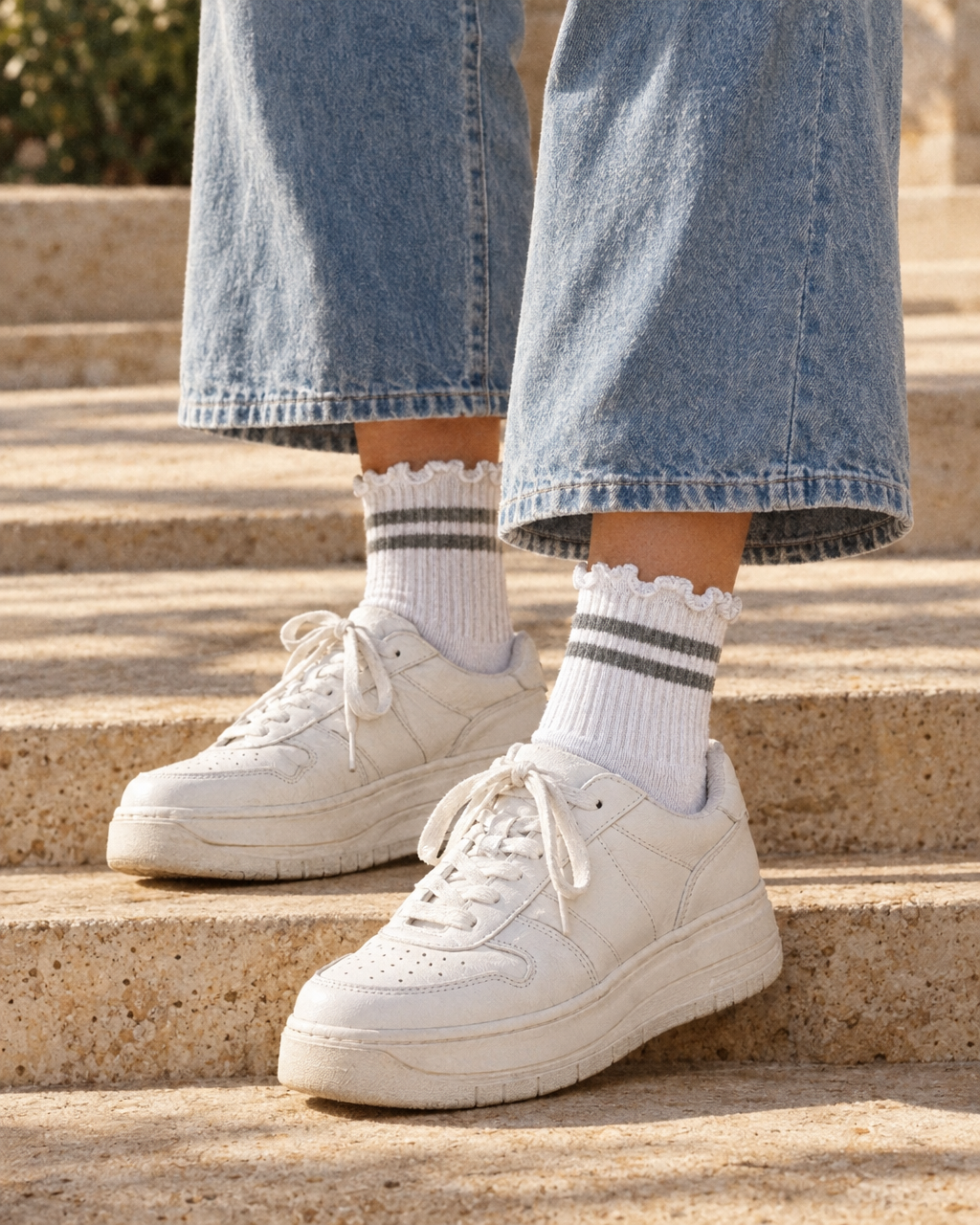 PRIV stripe ruffle socks in grey styled with wide-leg jeans and white sneakers