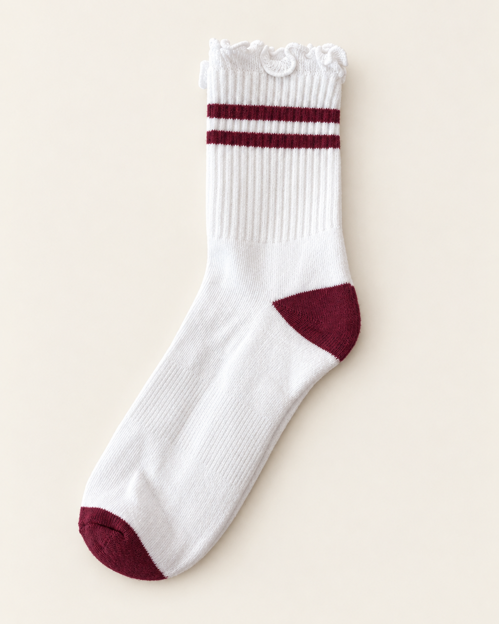 Stripe ruffle top PRIV sock in wine – white ribbed crew sock with burgundy stripes, flat lay