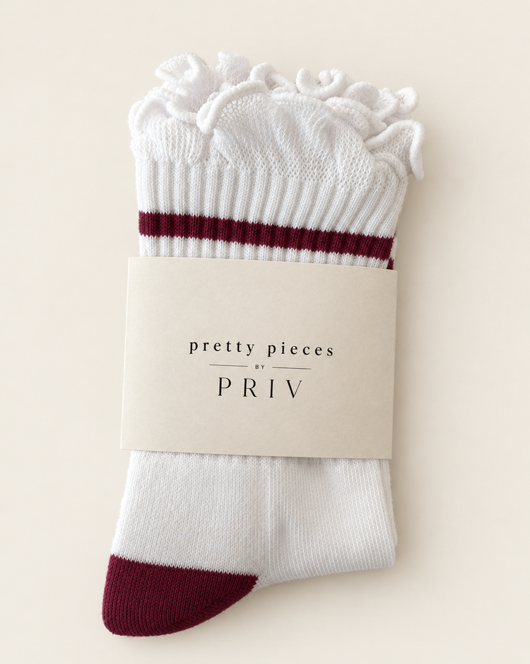 Stripe ruffle top PRIV sock in wine in pretty pieces by PRIV gift packaging