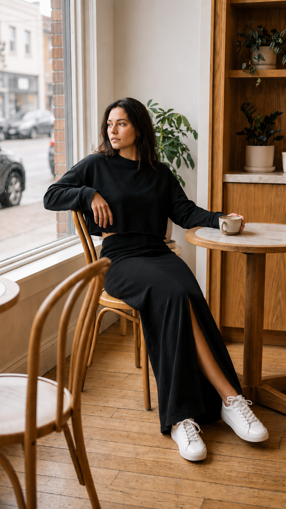 Sunday LUXEflow - Cropped Raw Hem Top & Column Maxi Skirt Set 2PC In Black