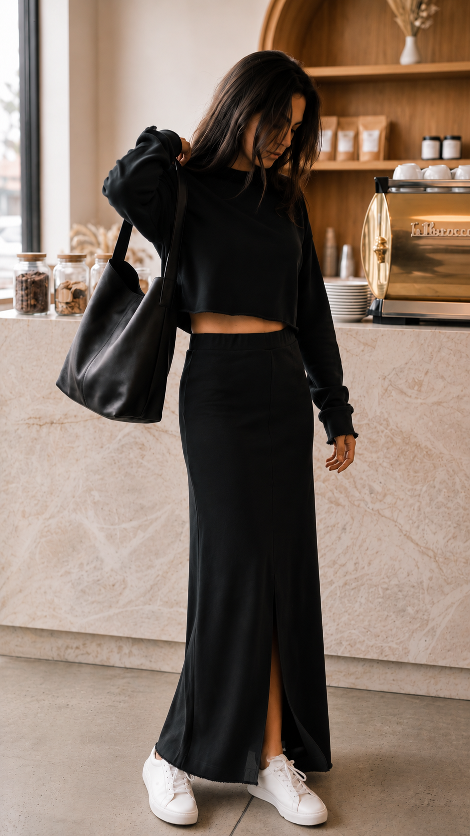 Sunday LUXEflow - Cropped Raw Hem Top & Column Maxi Skirt Set 2PC In Black