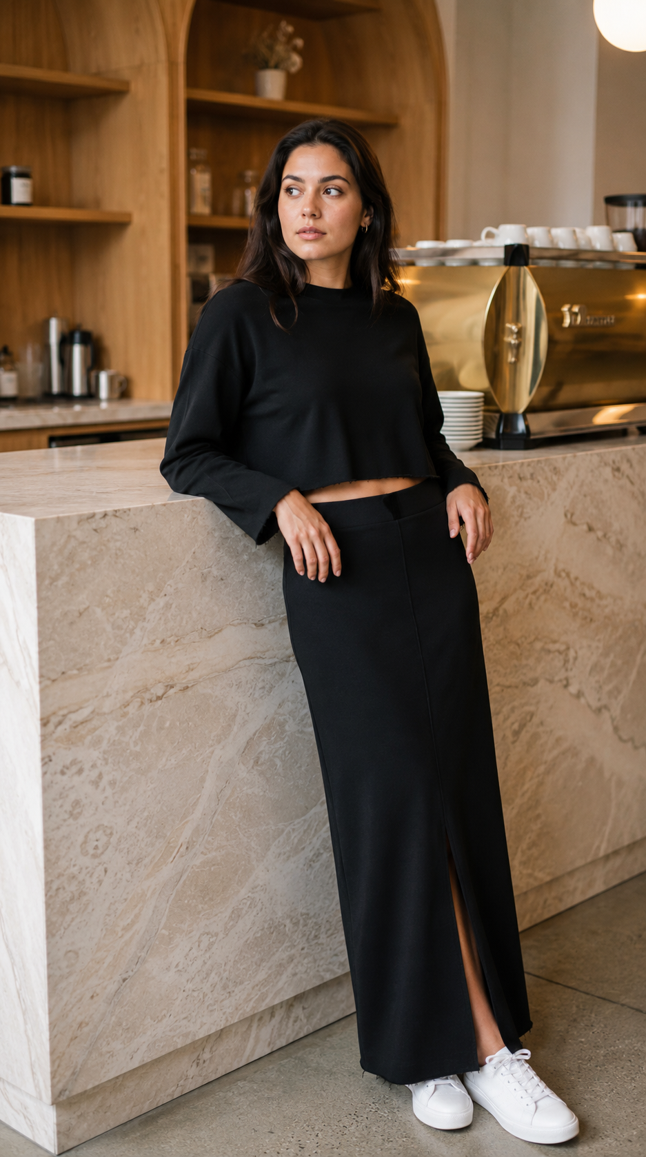 Sunday LUXEflow - Cropped Raw Hem Top & Column Maxi Skirt Set 2PC In Black