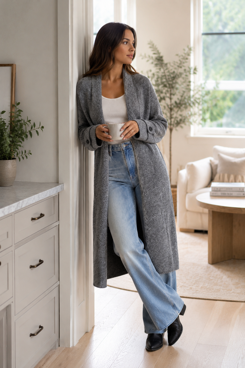 Vera - Full Length Knit Cardigan in Dark Grey