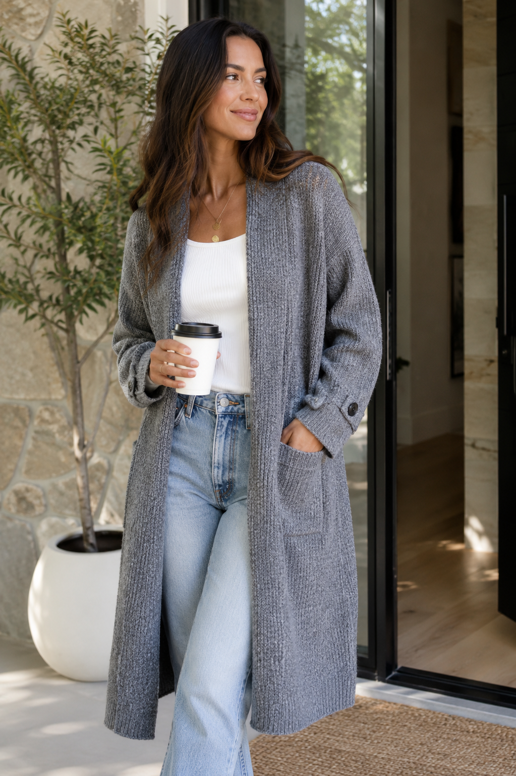 Vera - Full Length Knit Cardigan in Dark Grey