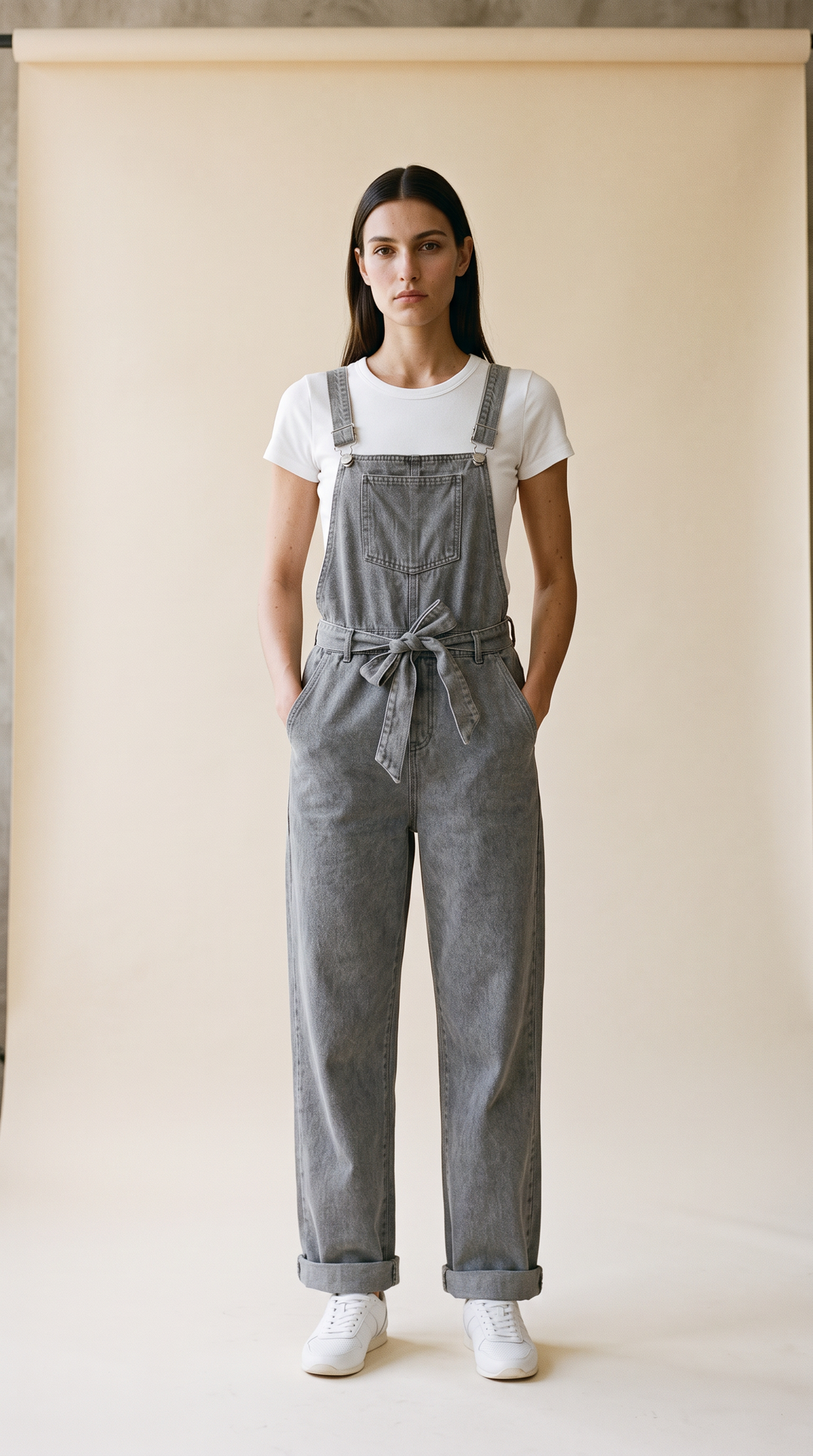 Della - Women’s Wide Leg Tie Waist Overalls Grey Denim