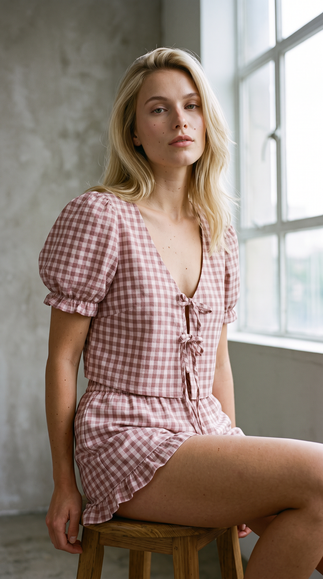 Minnie - Puff Sleeve Ruffle Hem Short Set 2PC Rosé Gingham