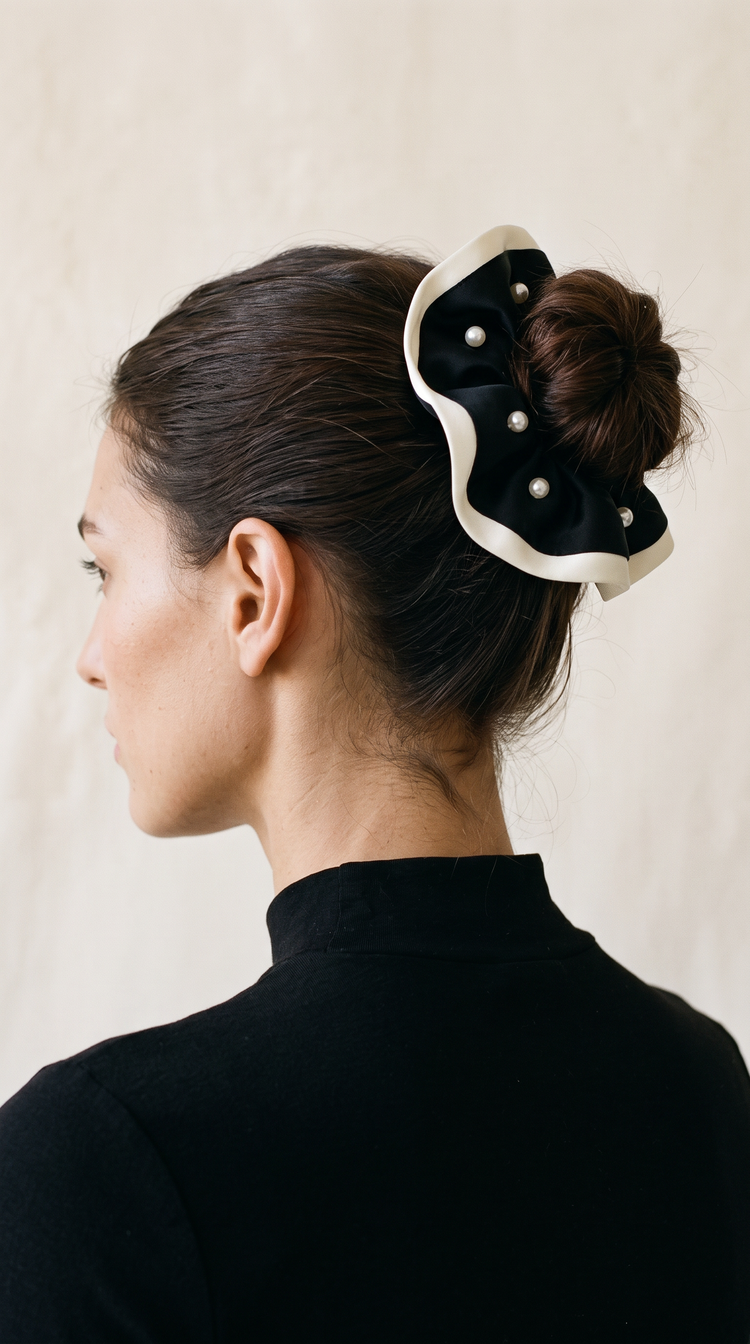 Pearl edge scrunchie black ivory – worn view – PRIV the Brand