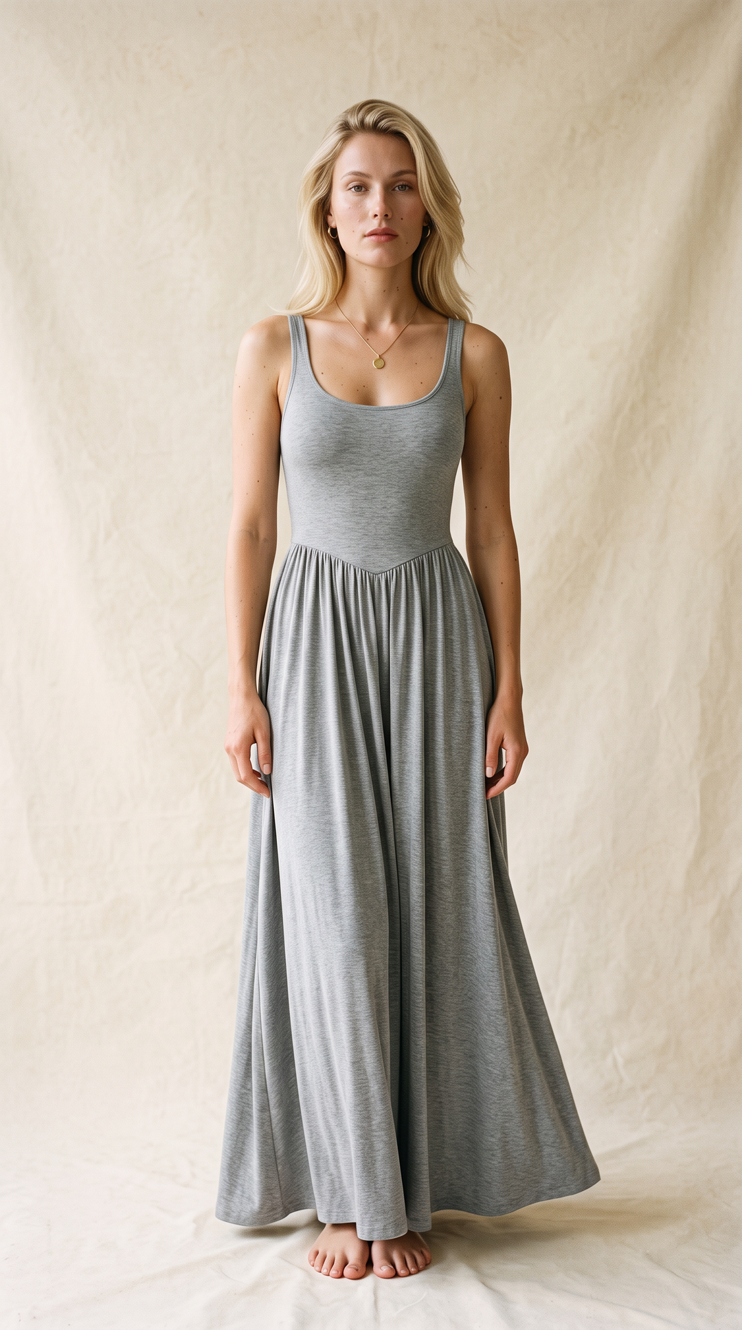 Dawn – Sleeveless Silky Jersey Flowing Maxi Dress In Grey