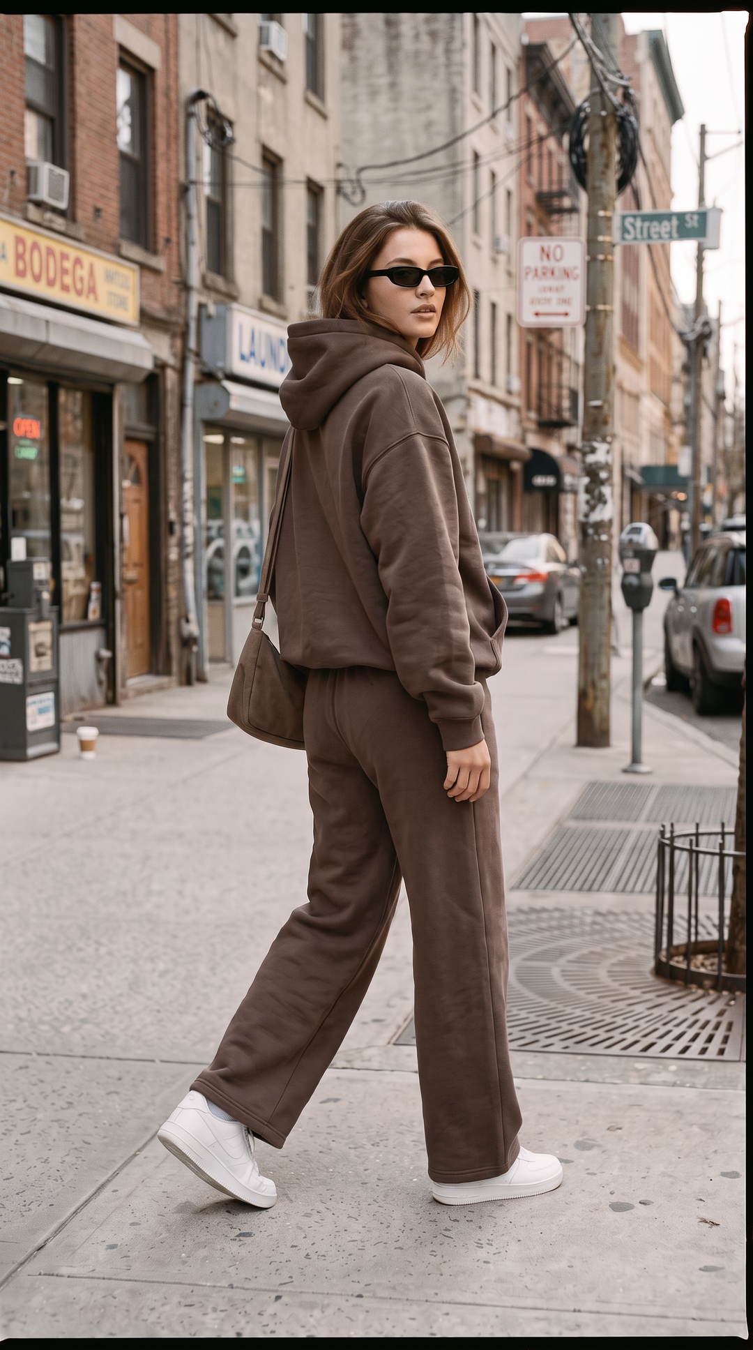 Linden Hoodie Espresso street campaign