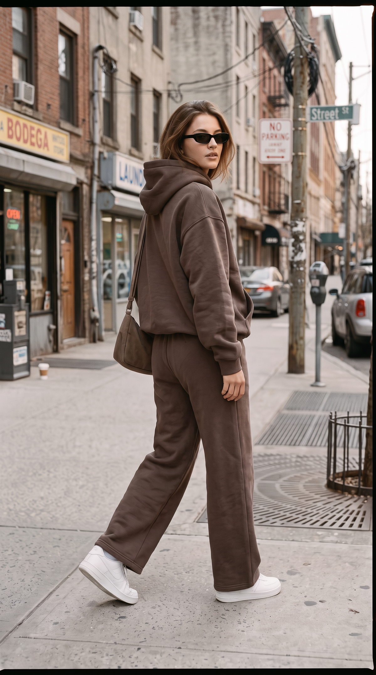Linden Hoodie Espresso street campaign