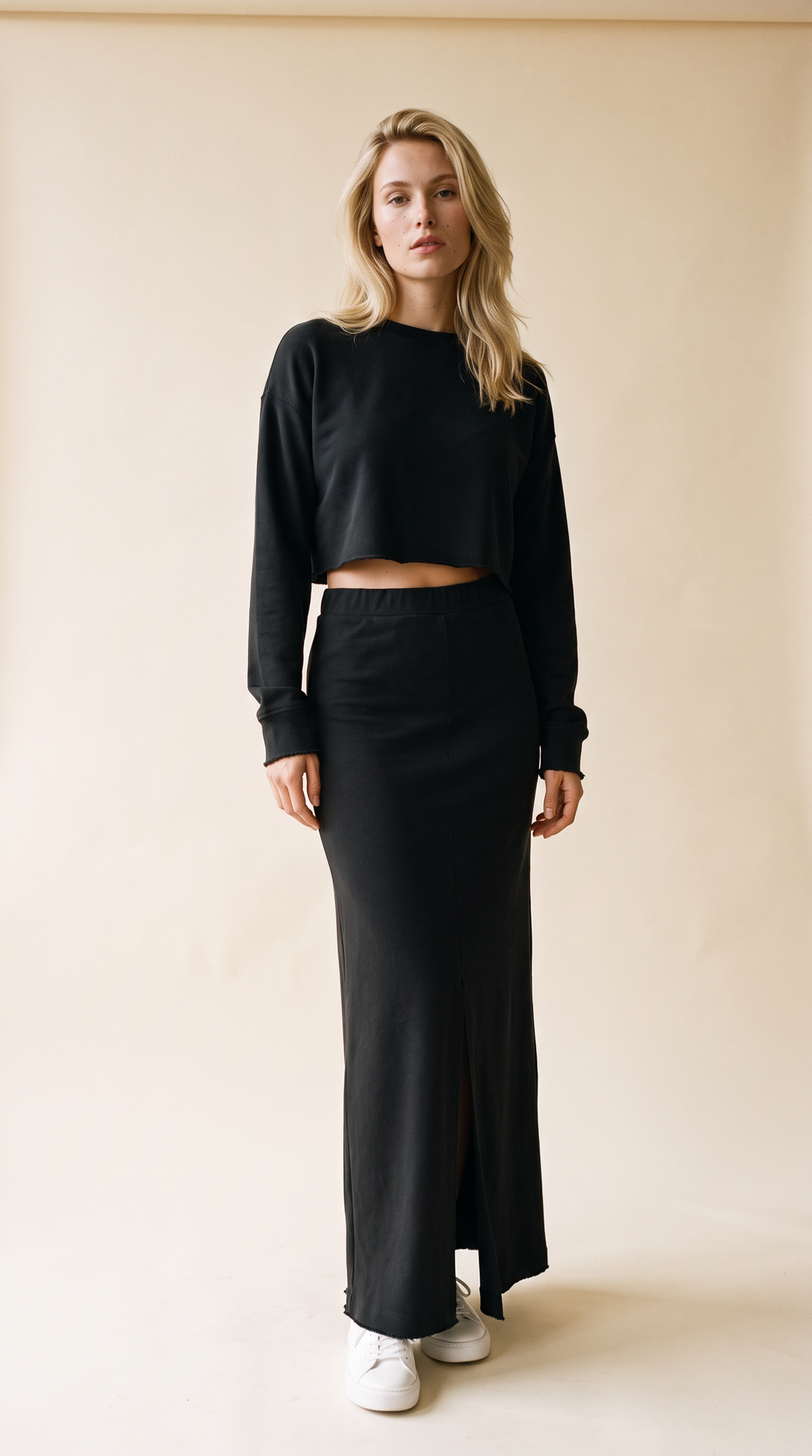 Sunday LUXEflow - Cropped Raw Hem Top & Column Maxi Skirt Set 2PC In Black