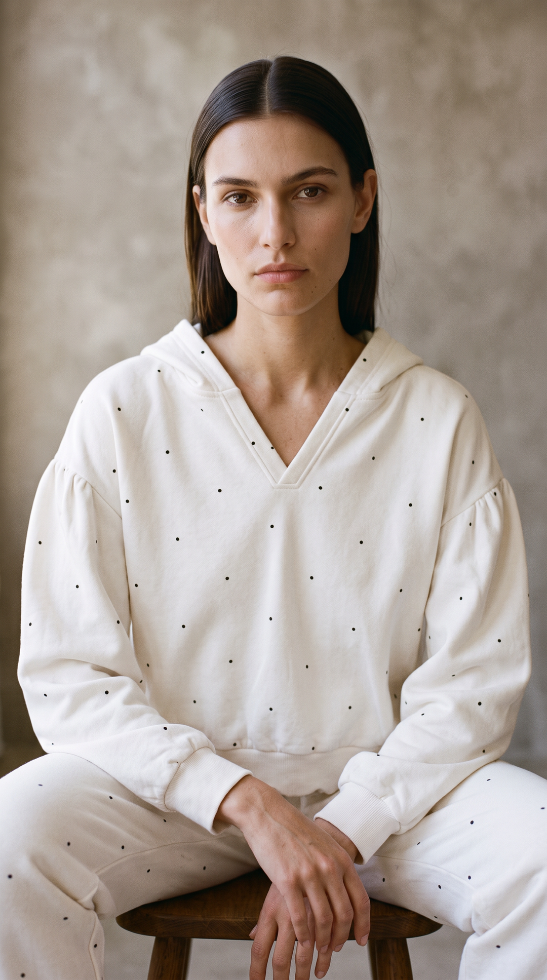 Noemie - Printed Fleece Hoodie In White Dots
