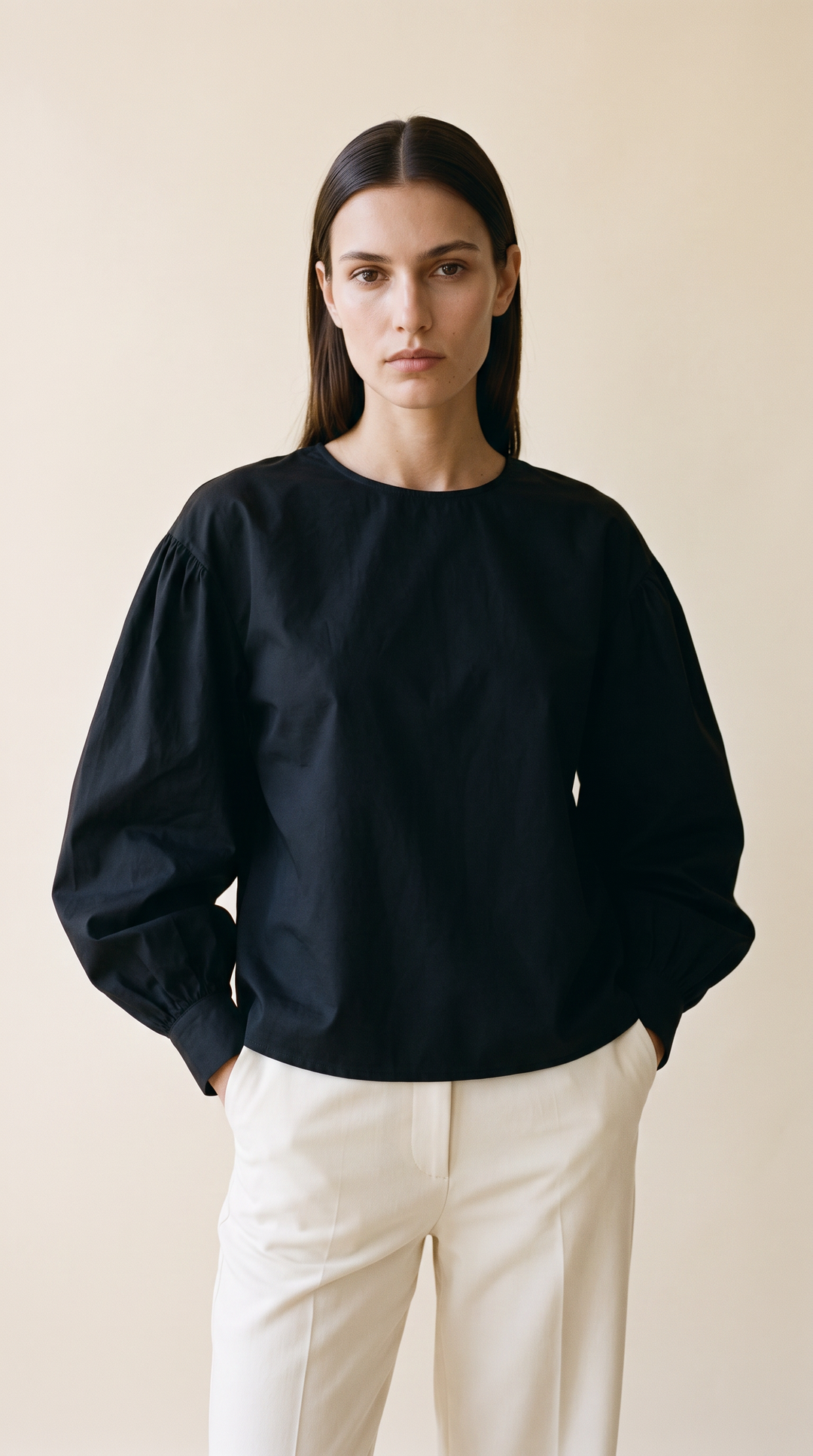 Lacelle poplin puff long sleeve blouse in black – feminine poplin blouse by PRIV the Brand