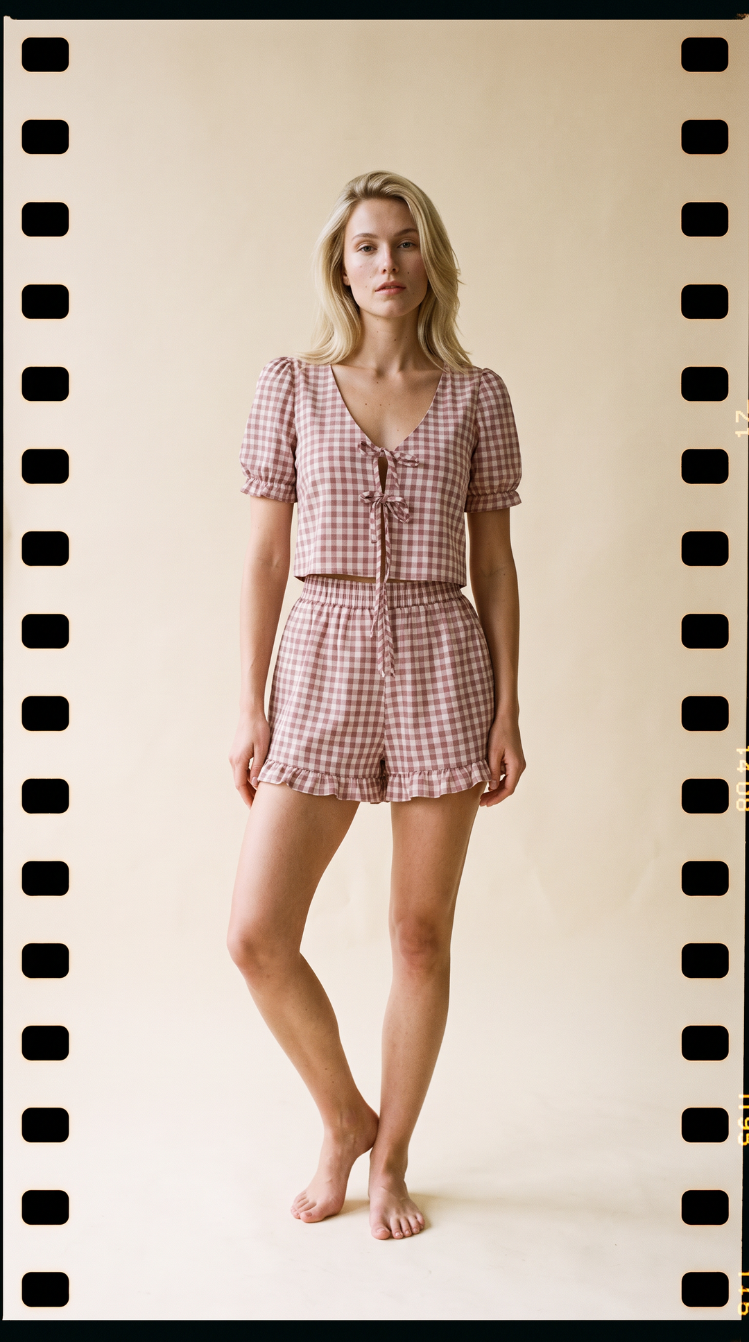 Minnie - Puff Sleeve Ruffle Hem Short Set 2PC Rosé Gingham