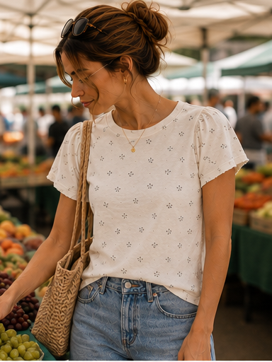 Colette - Ruffle Sleeve Soft Printed Everyday Cotton T-Shirt Dainty Floral