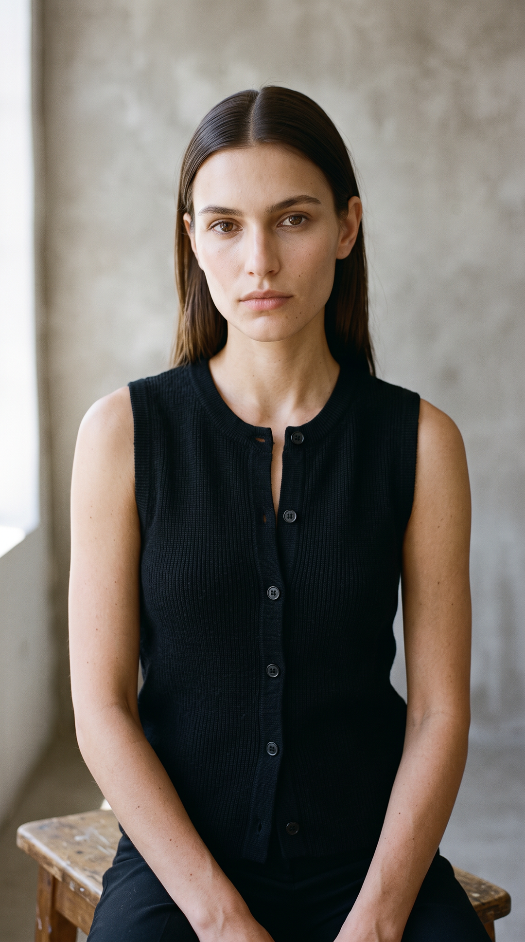 Bezla - Button Front Sleeveless Knit Vest Top In Black
