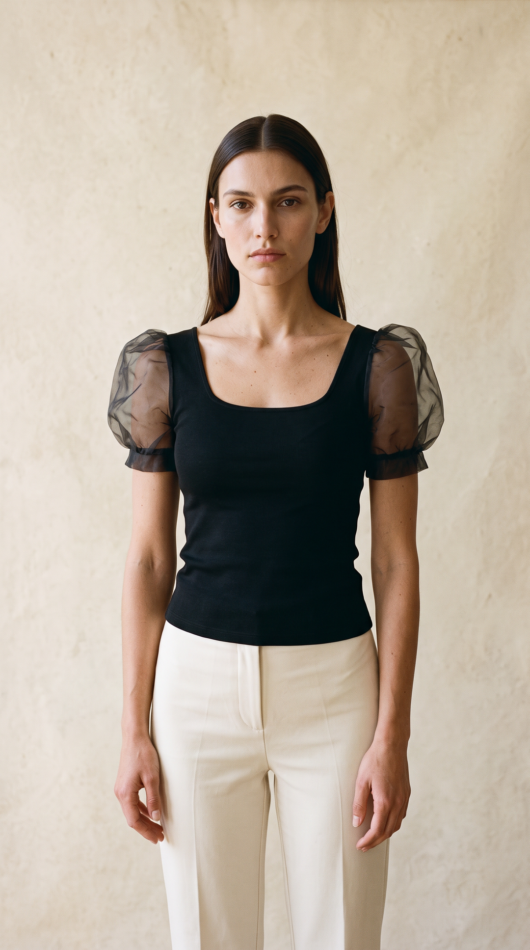 Aurora - Organza Puff Sleeve Fitted Top In Black