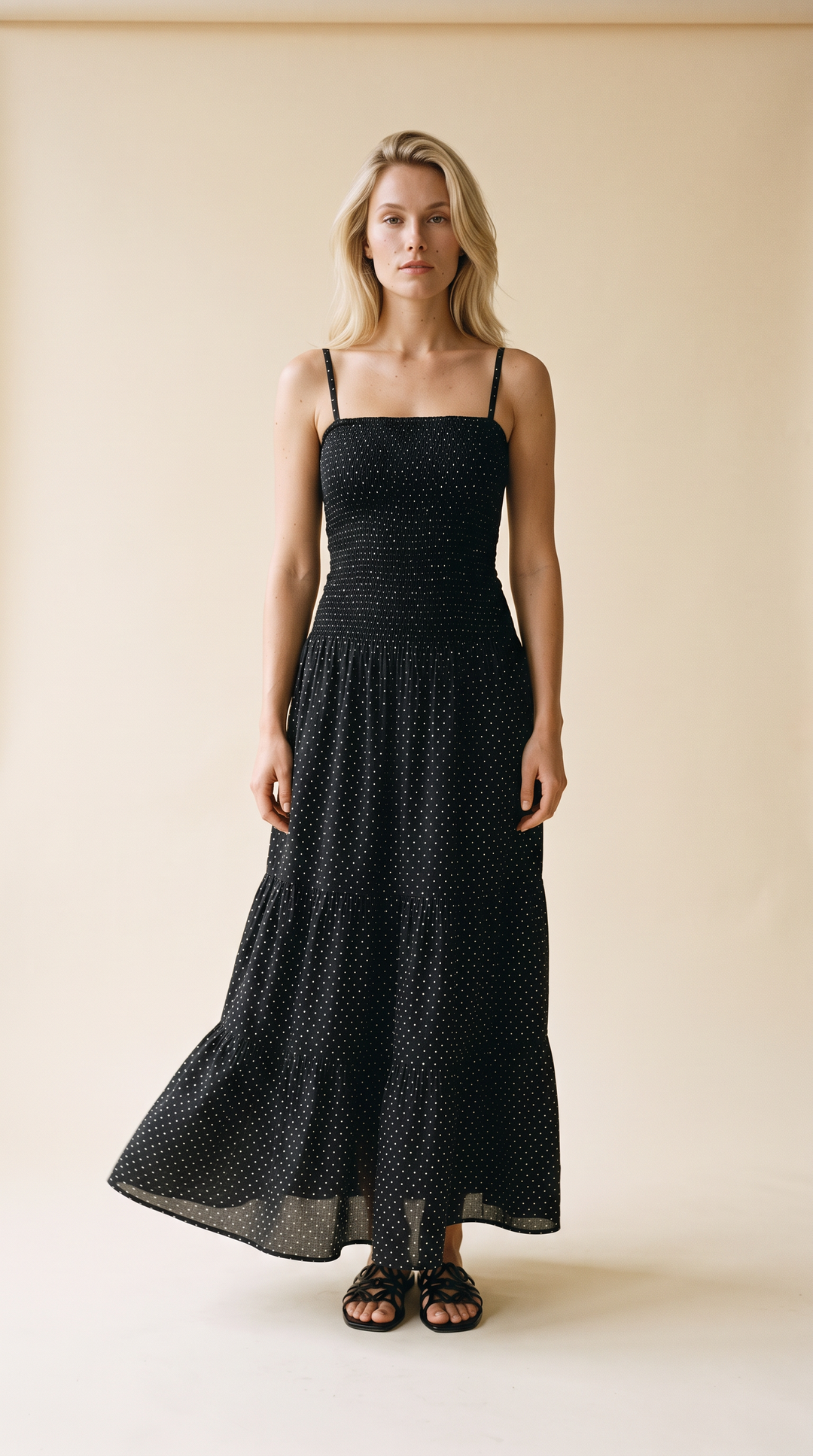 Loralee – Full Length Tiered Maxi Dress In Polkadots