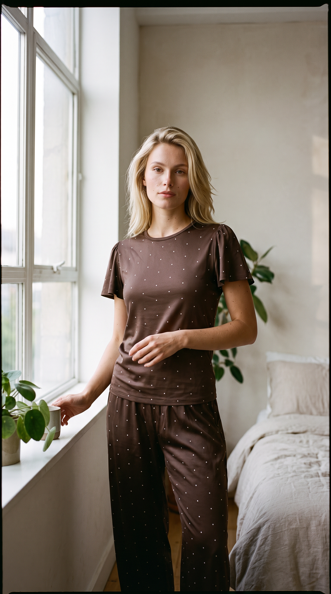 Polka dot PJ set espresso – styled look – PRIV the Brand