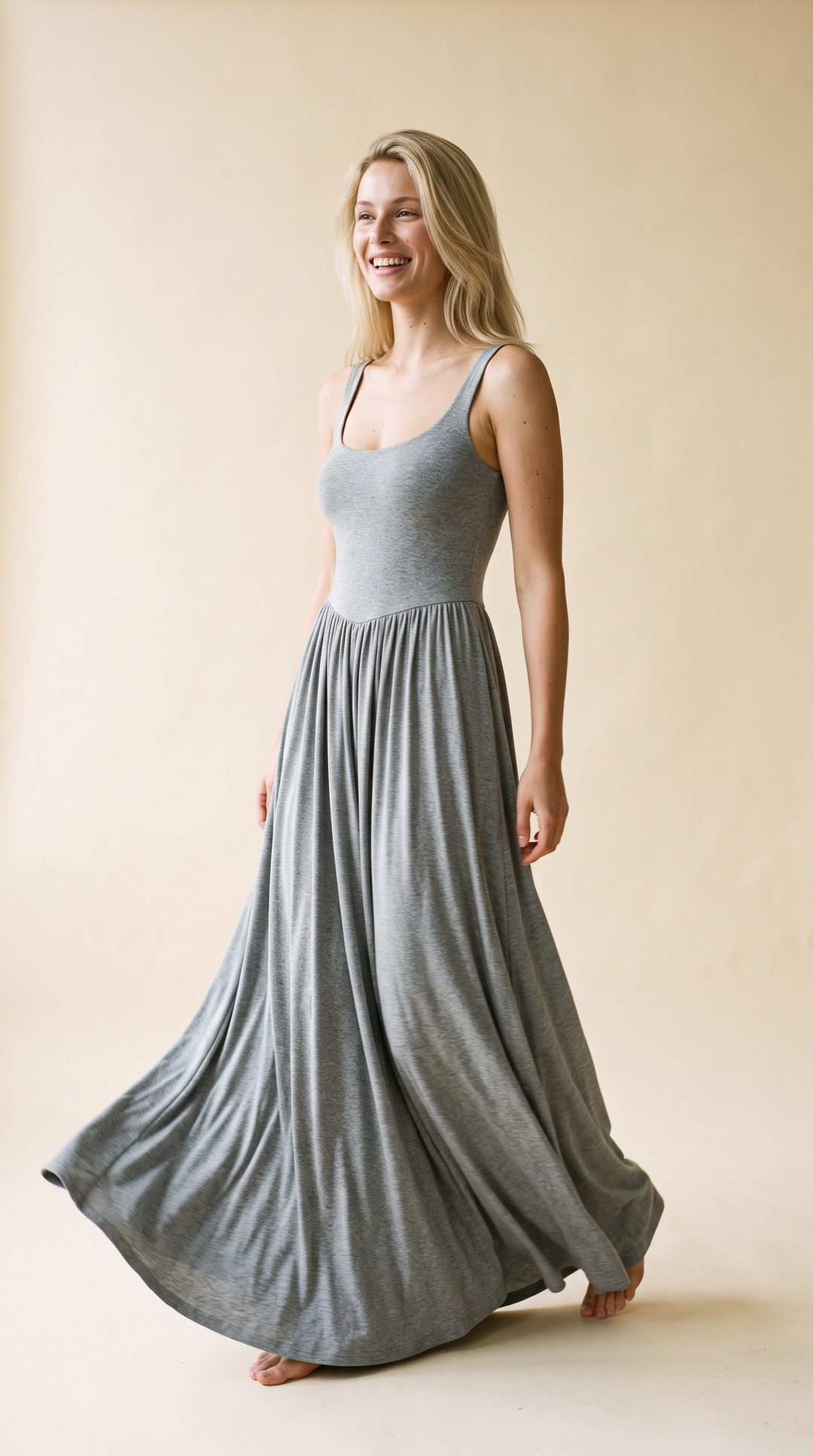 Dawn – Sleeveless Silky Jersey Flowing Maxi Dress In Grey
