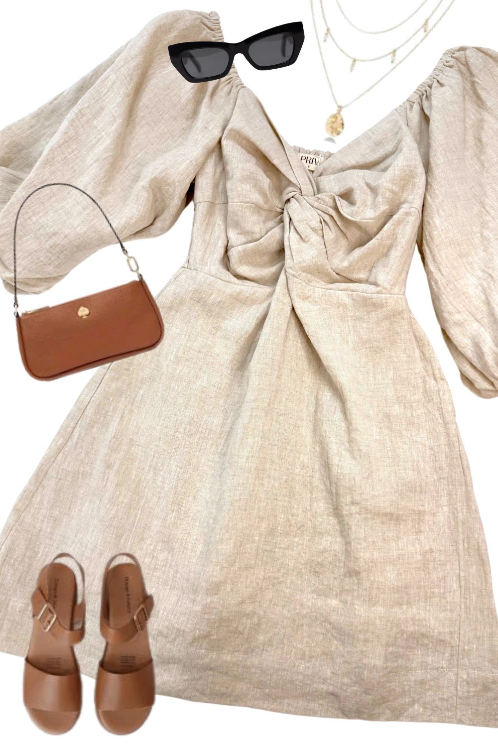 Noelle Linen Bubble Sleeve Dress in Oat