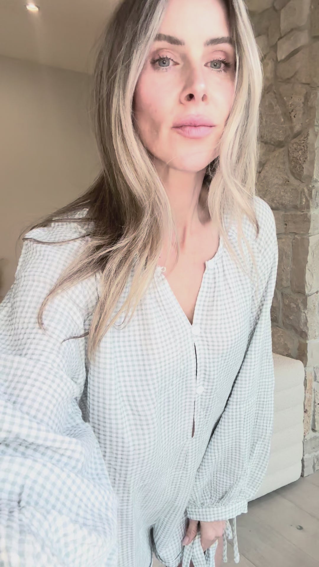 Tawny - Long Sleeve Button Front Belted Romper In Blue Gingham