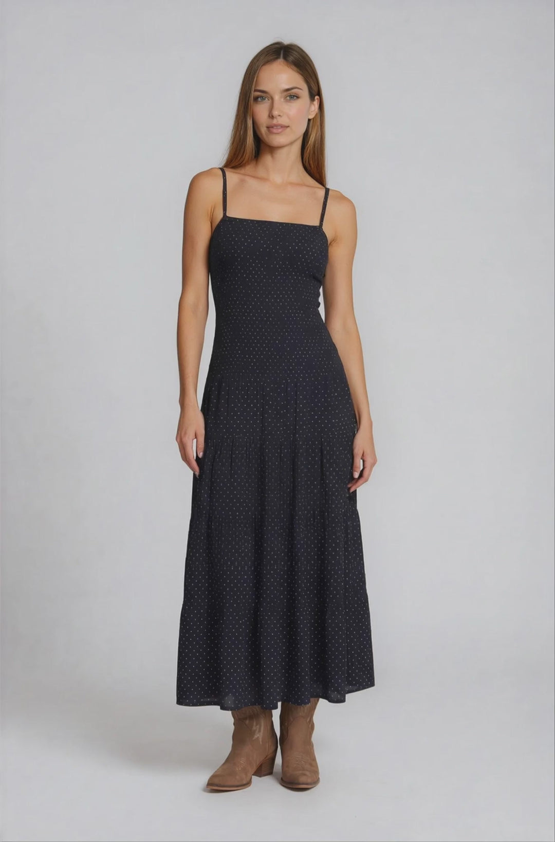 Loralee – Full Length Tiered Maxi Dress In Polkadots