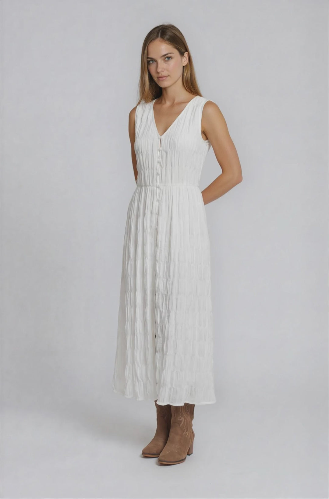 Pascale – Silky Button Front Ruched Midi Dress In White
