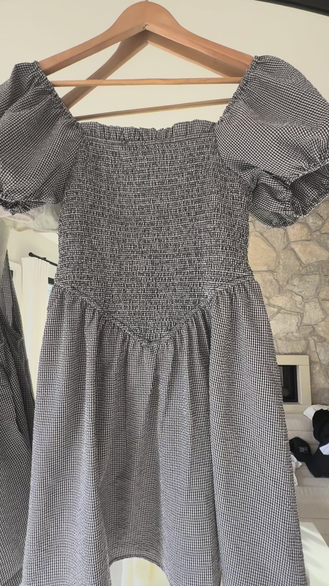 Ramona - Smocked Puff Sleeve Square Neck Dress Black Gingham